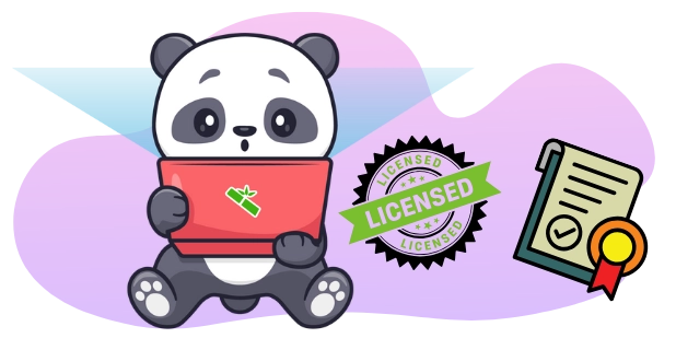 A cartoon panda sits with a laptop displaying a bamboo logo, next to a "Licensed" badge and a document with a checkmark.