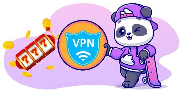 A cartoon panda in a purple hoodie and hat holds a skateboard and gestures toward a round VPN logo with a shield icon. Beside the panda is a slot machine with the number 777 and falling gold coins.
