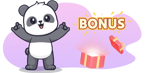 A cartoon panda with outstretched arms stands next to a glowing gift box and the word "BONUS" in yellow letters with a red outline against a purple splattered background.