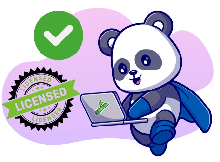 A cartoon image shows a panda bear wearing a blue cape, holding a laptop with a bamboo icon, next to a green checkmark circle and a
