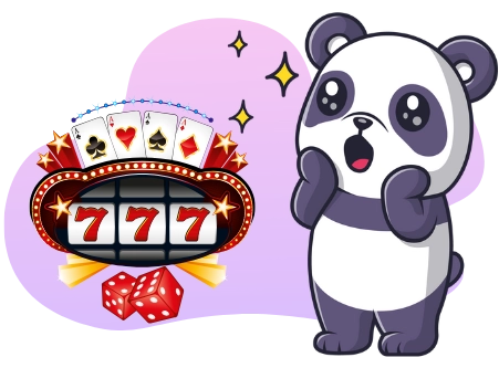 A cartoon image shows a surprised panda bear next to a slot machine with the number