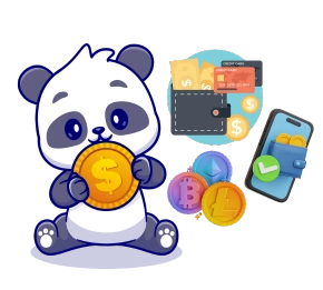 Cartoon panda holding a big gold coin and there are several icons representing payment methods