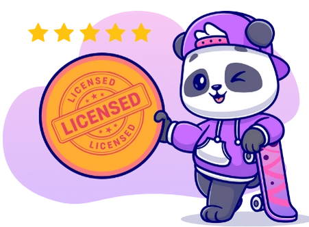 A cartoon panda in a purple hoodie and baseball cap holds a gold badge that reads
