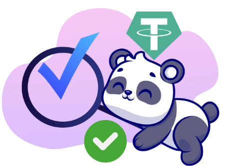 A cartoon image shows a panda bear next to a circle with a blue checkmark and a green checkmark circle, with the Tether (USDT) logo in the upper right corner.