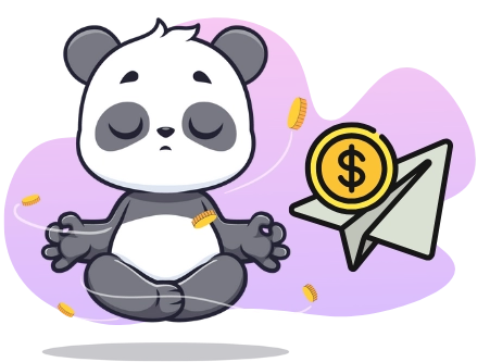 A cartoon image shows a panda bear meditating in a lotus position with levitating coins and a paper airplane with a dollar coin.