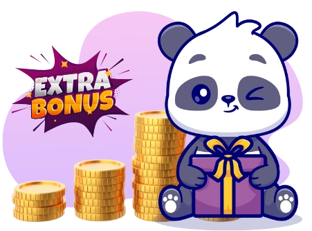 A cartoon image shows a winking panda bear holding a gift box, next to stacks of gold coins and a speech bubble with the words
