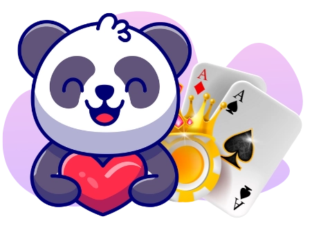 A cartoon image shows a happy panda bear holding a red heart, next to two playing cards showing aces and a gold chip with a crown.
