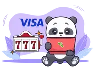 A cartoon panda sits with a laptop showing a Visa card, next to a slot machine showing