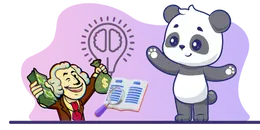 A cartoon George Washington holding money and a document with a magnifying glass, next to a waving cartoon panda.