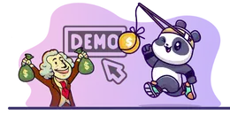 Cartoon George Washington with money bags and a panda catching a coin on a string, with a "DEMO" sign in the background.