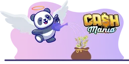 A cartoon angel panda watering a pot of money with the "CASH Mania" logo in the background.