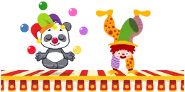 Two characters standing on circus scene, a cartoon panda dressed like a clown spinning the ball and a clown handstanding.
