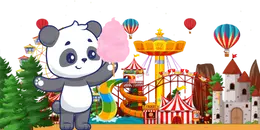 Cartoon panda holding cotton candy at a colorful amusement park with a Ferris wheel, roller coaster, and hot air balloons.