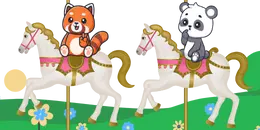 Two cartoon animals, a red panda and a panda, ride on white carousel horses with pink and gold saddles.