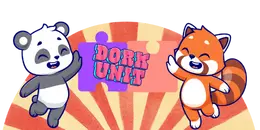 Two cartoon animals, a panda and a red panda, wave and smile next to a "Dork Unit" logo with puzzle pieces, against a background with radiating lines.