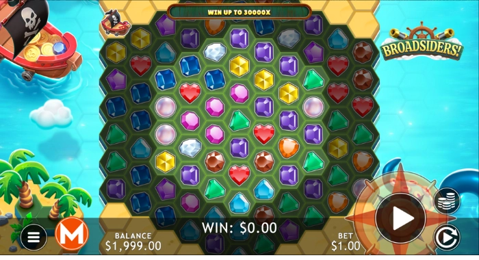 A screenshot of the Broadsiders online slot game, featuring a pirate ship theme with a honeycomb grid filled with colorful gems, a WIN UP TO 30000X banner, and a user interface showing balance, win, and bet amounts.