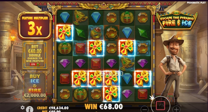 A screenshot of the Escape the Pyramid: Fire & Ice slot game with a 3x multiplier, €68 win, and a cartoon adventurer.