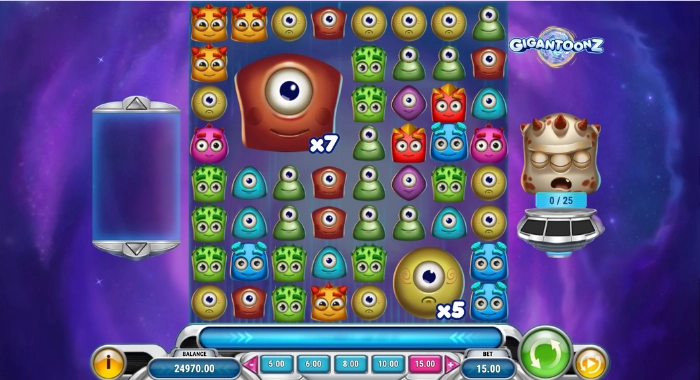 A GIGANTOONZ slot game screen displays a 7x7 grid with colorful cartoon alien symbols, multipliers of x7 and x5, a 0/25 progress bar, a 24970.00 balance, and a 15.00 bet, set against a space-themed background.