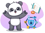 A cartoon panda with outstretched arms stands next to a hexagon grid of security icons, including a lock, shield, and document. A clipboard with a checklist is in the background.