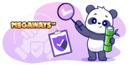 A cartoon panda holds a magnifying glass over a checklist with a purple shield icon, with the word "MEGAWAYS" in orange letters in the upper left.
