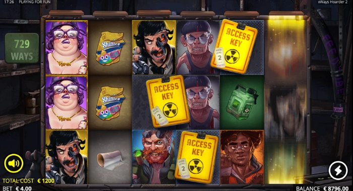 A screenshot of the xWays Hoarder xSplit online slot game, featuring a post-apocalyptic theme with 5 reels and 729 ways to win, displaying character symbols, Shimmer bags, ACCESS KEY symbols, and a balance of €8796.00 with a bet of €4.00.