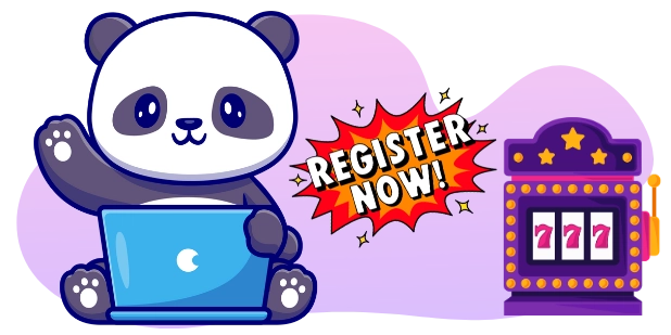 A cartoon panda sits with a laptop next to a "REGISTER NOW!" speech bubble and a slot machine showing three sevens.