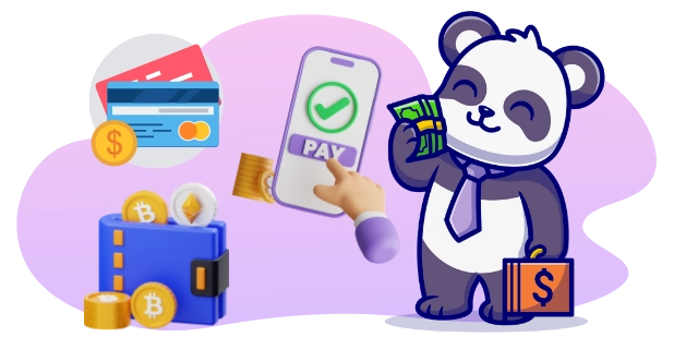 A cartoon panda in a tie holds a stack of cash next to a smartphone with a "PAY" button and a wallet containing cryptocurrency symbols, with credit cards and gold coins in the background.