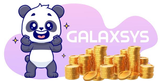 A jubilant cartoon panda stands beside stacks of gold coins, with the word "GALAXSYS" in white letters on a purple background.