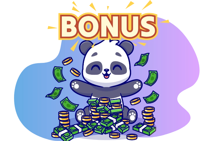 A happy cartoon panda surrounded by stacks of cash and coins under a "BONUS" sign.