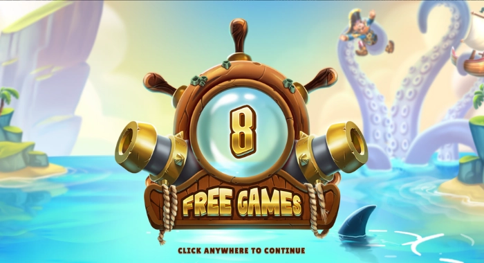 A digital illustration of a nautical-themed display showing 8 FREE GAMES on a wooden wheel with golden cannons, set against a tropical island background with a blue ocean, a shark fin, and a small figure climbing a tentacle.