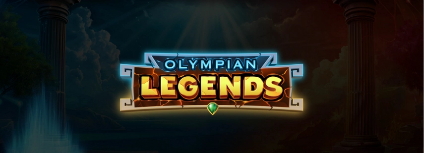 The image displays a digital graphic with the words "OLYMPIAN LEGENDS" in a stylized, glowing font against a dark background, flanked by two ancient-looking columns.