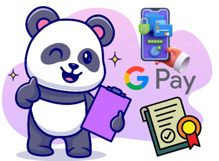 A cartoon image depicts a winking panda bear giving a thumbs-up and holding a purple clipboard, with a smartphone displaying a secure payment interface, the