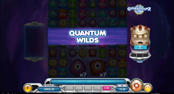 A GIGANTOONZ slot game screen displays a 7x7 grid with colorful cartoon alien symbols, a