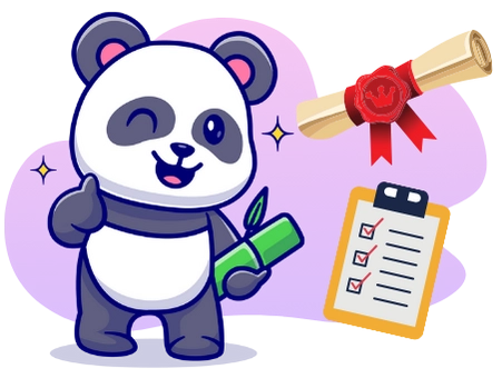 A cartoon panda winks and gives a thumbs-up while holding bamboo, with a completed checklist and a scroll nearby.