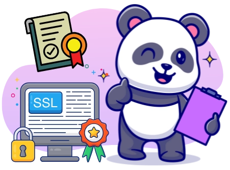 A cartoon panda winks and gives a thumbs-up next to a computer screen with