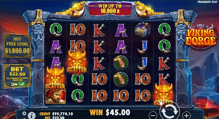 A screenshot of the online slot game Viking Forge by Pragmatic Play. The reels show symbols including a Viking helmet, a Scatter symbol, and card suits.