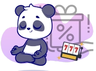 Cartoon panda meditating with a gift and slot machine.