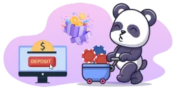 A cartoon panda pushes a cart full of casino chips, with a computer screen showing a "$ DEPOSIT" button and a shower of coins in the background.
