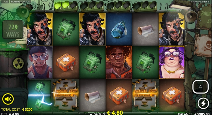 A screenshot of the xWays Hoarder xSplit online slot game, featuring a post-apocalyptic theme with 5 reels and 729 ways to win, displaying character symbols, bags, ACCESS KEY symbols, a total win of €4.80, and a balance of €5985.00 with a bet of €4.00.