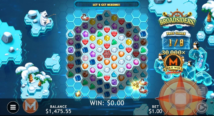 A screenshot of the Broadsiders slot game, featuring an icy theme with a honeycomb grid of colorful gems, penguins, a polar bear, and a compass, displaying FREE GAMES 1/8, a 30,000x multiplier, and a user interface showing balance, win, and bet amounts.