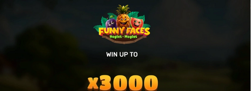 The image features a digital graphic with the title "FUNNY FACES Hoglet - Moglet" in a playful font, showcasing cartoonish fruit characters, and the text "WIN UP TO x3000" below it.