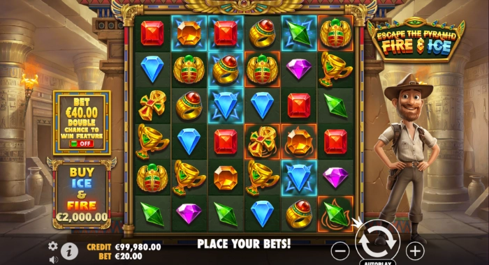 The Escape the Pyramid: Fire & Ice slot game is displayed with a 5x3 reel grid, Egyptian-themed symbols, a €40 bet option, a €2,000 buy feature, a €99,980 credit, and a cartoon adventurer character.