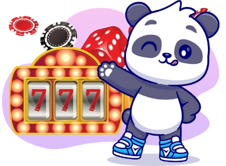 A cartoon image shows a winking panda bear wearing blue sneakers, standing next to a slot machine with the number