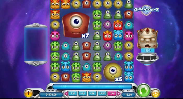 A GIGANTOONZ slot game screen displays a 7x7 grid with colorful cartoon alien symbols, multipliers of x7 and x5, a 0/25 progress bar, a 24970.00 balance, and a 15.00 bet, set against a space-themed background.