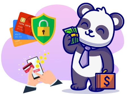 A cartoon panda holds cash and wears a tie, next to a secure online payment illustration with credit cards, a lock, and a phone with a 'PAY' button.