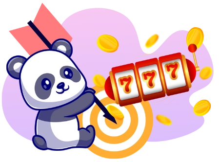 A cartoon panda throws a dart towards a bullseye target, with a slot machine showing three sevens and gold coins scattered around, against a gray background with purple swirls.