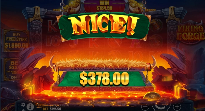 A screenshot of the Viking Forge online slot game by Pragmatic Play shows a NICE! win message with $378.00 displayed in a treasure chest, following a $184.50 win, with the Buy Free Spins option visible for $1800.00 and a bet of $22.50.