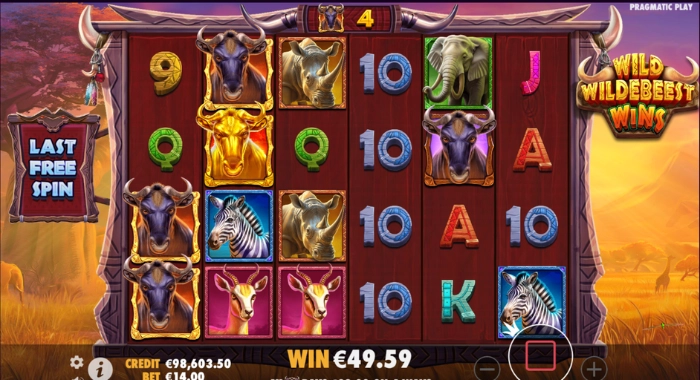 A Wild Wildebeest Wins slot game screen by Pragmatic Play shows a 5x4 reel grid with safari-themed symbols, a LAST FREE SPIN message, a credit of €98,603.50, a win of €49.59, and a bet of €14.00, set against a safari backdrop.