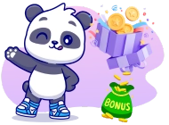 A happy cartoon panda points to a bonus prize of coins spilling from a gift box and a labeled bag.