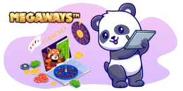 A cartoon panda holds a tablet, with a laptop displaying a red panda in a casino setting, featuring roulette wheels and card suits, with the word "MEGAWAYS" in the upper left.